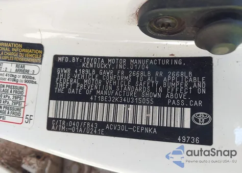 2004 Toyota Camry Le из США, поврежденный, VIN 4T1BE32K34U315055